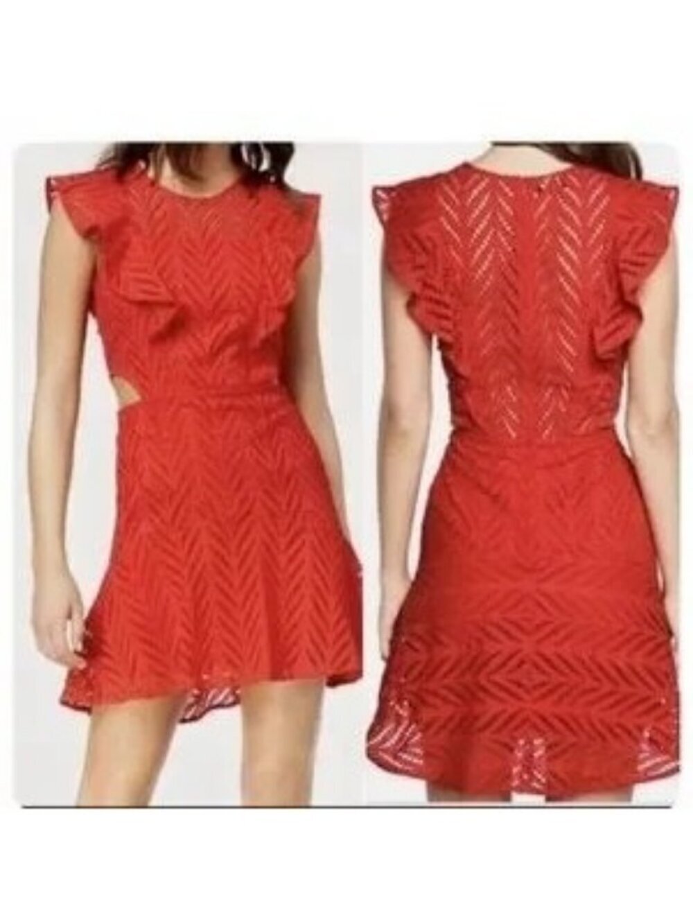Bardot Kira Red Eyelet Fit & Flare Ruffle Sleeveless Dress